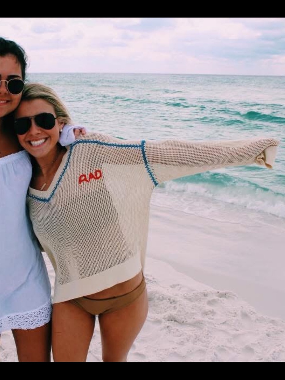 Wildfox “Rad” Cream Knit Beach Sweater with Blue Trim and Red Accent